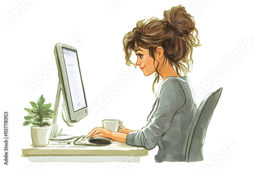 Cartoon illustration of a woman sitting at a desk with a computer monitor and a cup of coffee isolated on white or transparent background