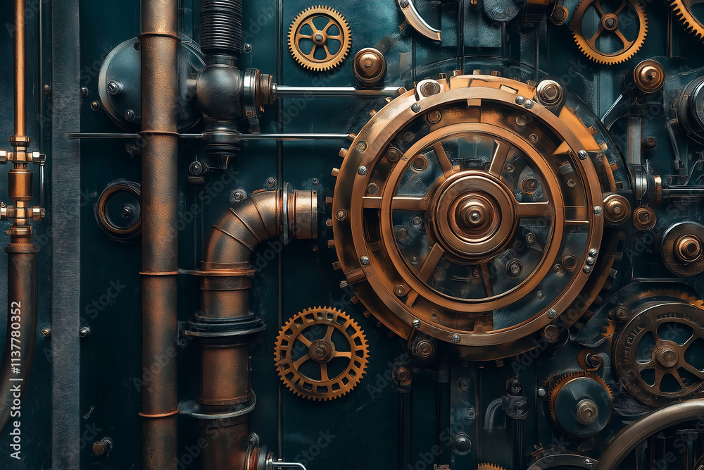 Futuristic steampunk mechanism with intricate gears and pipes , technology, abstract, high-tech, machine, futuristic