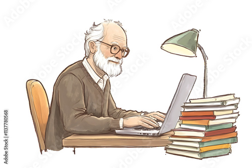 Cartoon illustration of an older man is sitting at a desk with a laptop and a stack of books placed on white or transparent background


