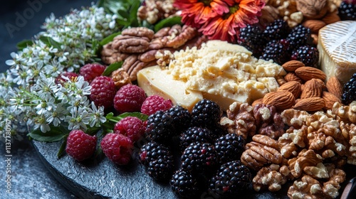 A vegan charcuterie board featuring plant-based cheeses, roasted nuts, fresh berries, and edible flowers. The artistic arrangement creates a feast for both the eyes and the palate. 