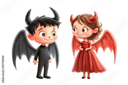 Cartoon illustration of Kids dressed as devil and angel for Halloween placed on white or transparent background


