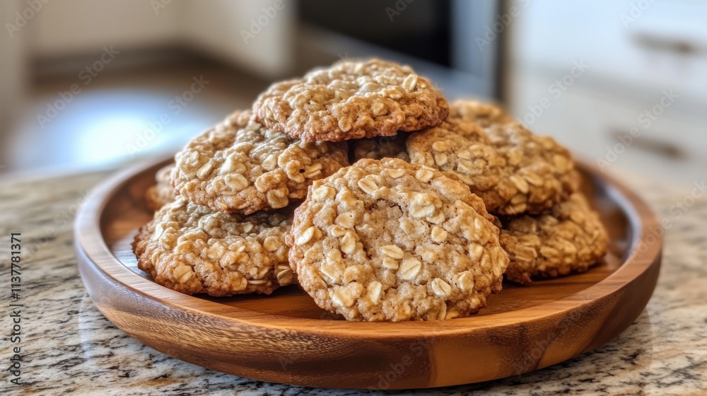 Oatmeal cookies wooden plate. Generative AI Oatmeal cookies wooden plate. Generative AI