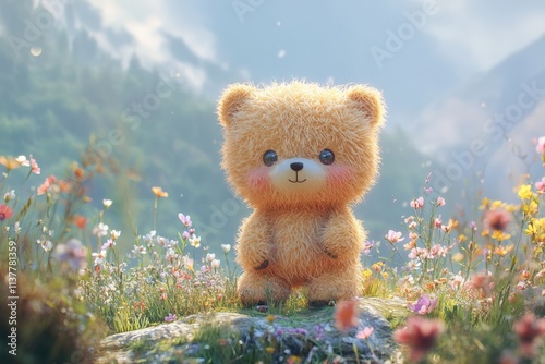 Charming little bear cub stands in a flower-filled mountain landscape under a dreamy sky