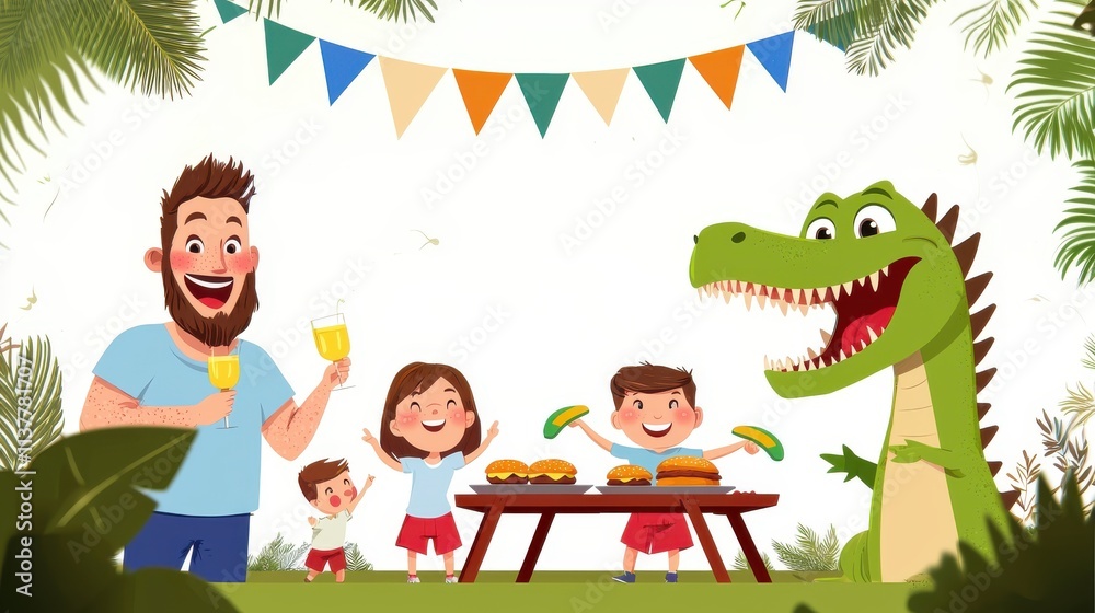 Obraz premium Family fun barbecue with dinosaur character backyard celebration illustrative scene joyful atmosphere