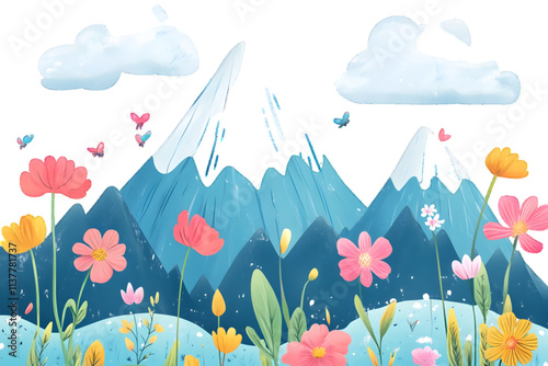Vibrant illustration featuring snowy mountain peaks, colorful flowers, and clouds, capturing the beauty of nature isolated on white or transparent background


