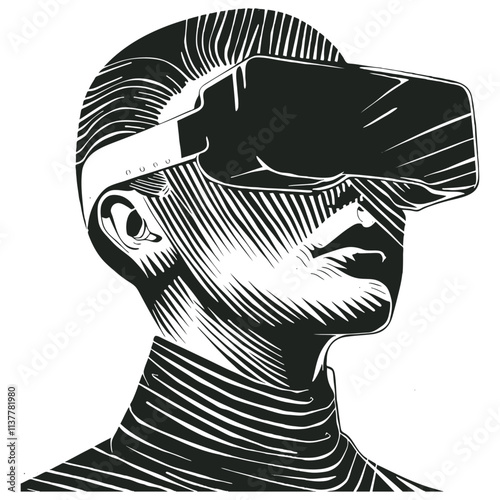 Woman wearing virtual reality glasses, engraving style, vector illustration.