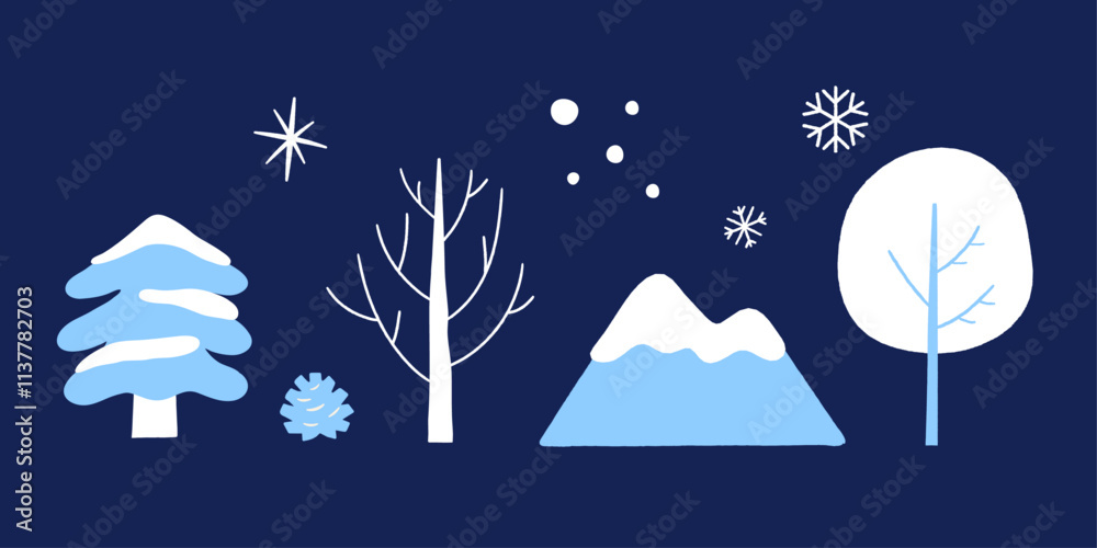 Winter trees and snowflakes vector Illustration. Decorative graphic elements. 