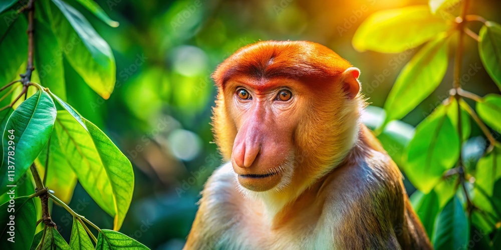 Naklejka premium Proboscis Monkey Habitat: Lush Rainforest Architectural Photography