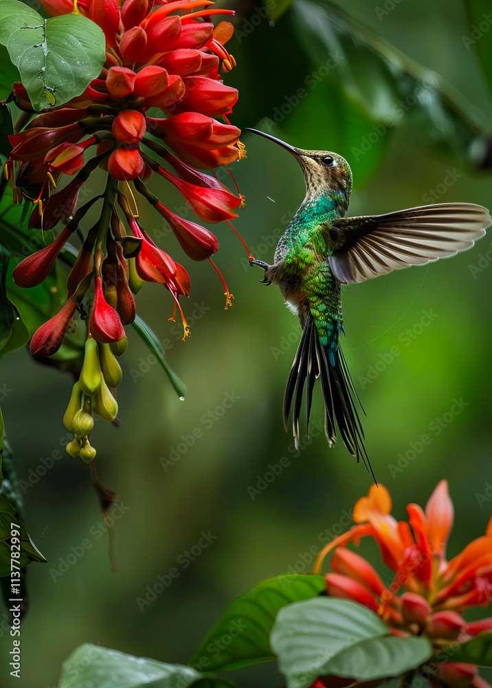 Obraz premium A vibrant hummingbird colibri near a flower in a tropical rainforest, capturing the beauty of nature and wildlife in action.