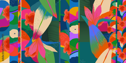 Tropical hand drawn flowers pattern. Dynamic botanical print. Unique fashionable template for design. 