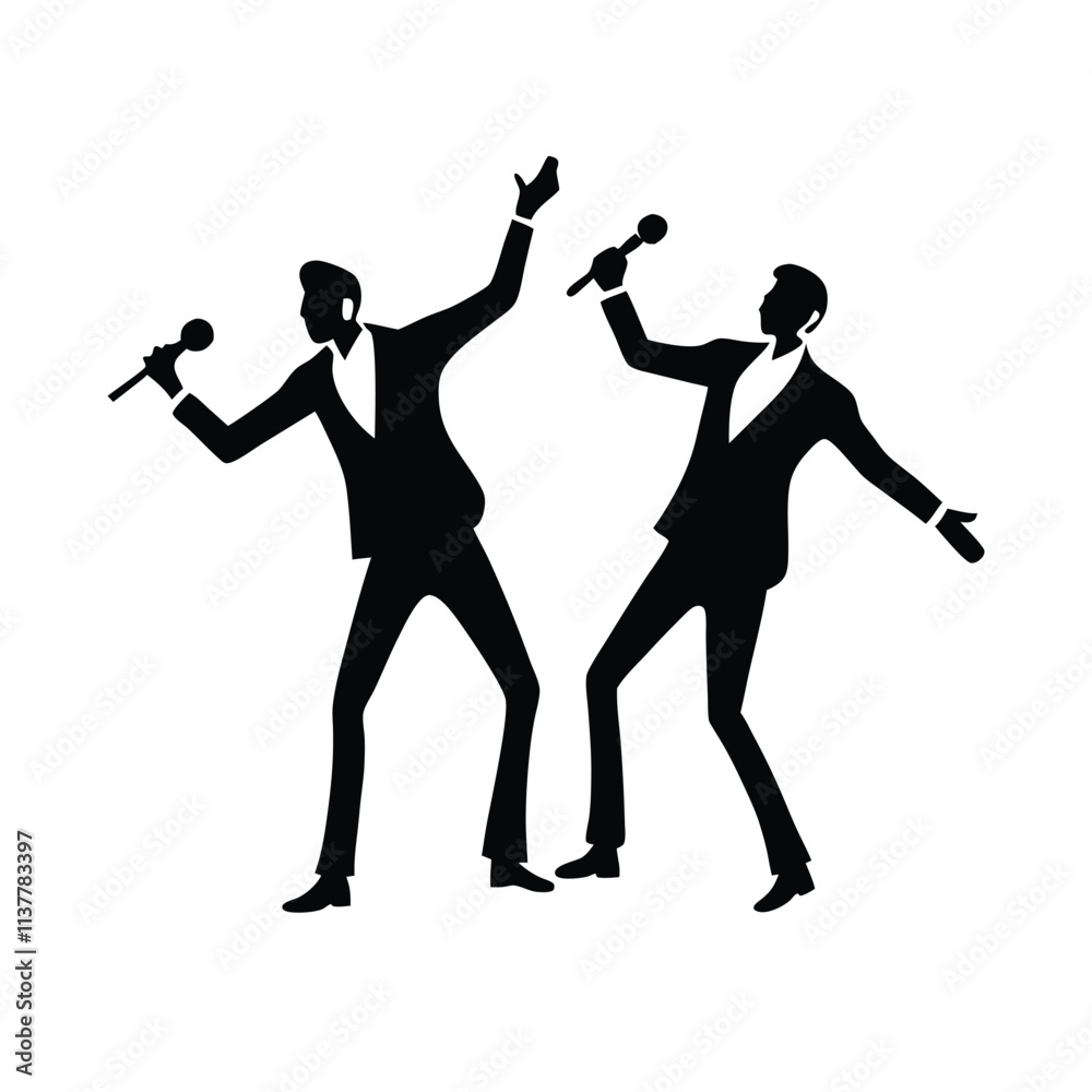 Fototapeta premium a black silhouette of two men dancing and singing into microphones.