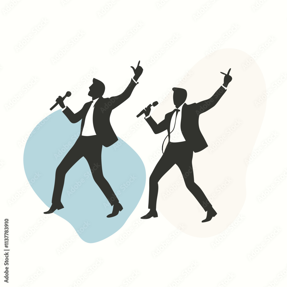 a black silhouette of two men dancing and singing into microphones. a black silhouette of two men dancing and singing into microphones.