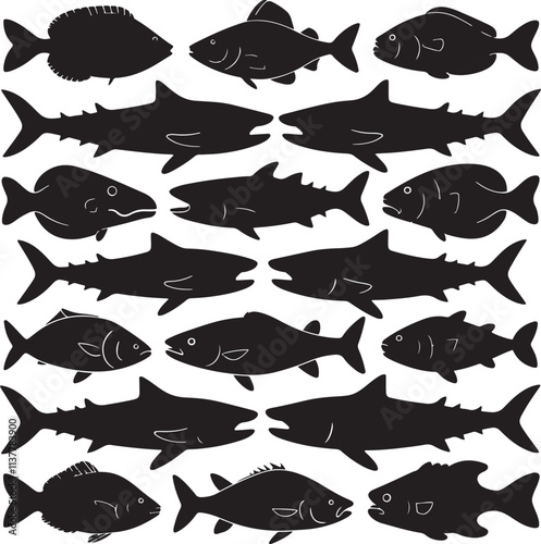 Collection of salmon fish vector silhouettes isolate on white background