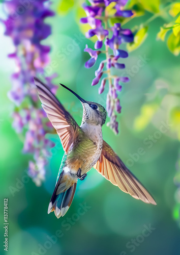 A vibrant hummingbird colibri near a flower in a tropical rainforest, capturing the beauty of nature and wildlife in action. photo