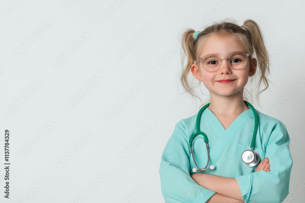 A little girl wearing a medical uniform and stethoscope against a light background A little girl wearing a medical uniform and stethoscope against a light background