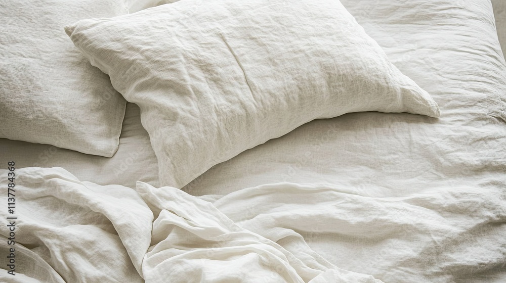 An overhead shot of white bedding with prominent wrinkles, capturing the soft and inviting fabric texture An overhead shot of white bedding with prominent wrinkles, capturing the soft and inviting fabric texture