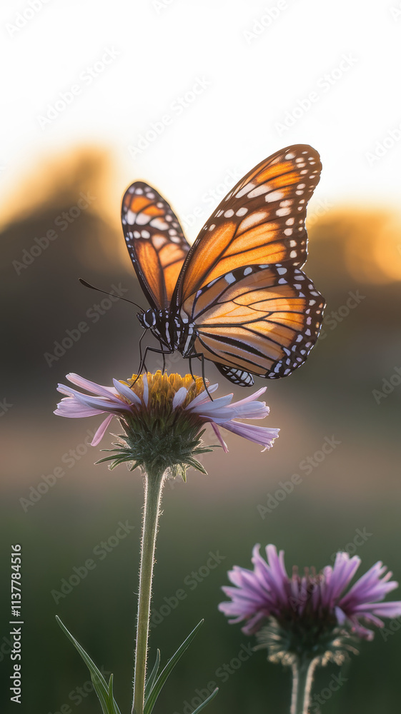 Obraz premium A beautiful Monarch butterfly delicately perched on a vibrant flower, showcasing its intricate orange and black wings against a soft, golden sunset.