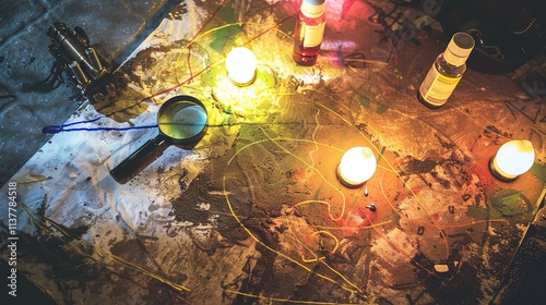 Forensic Precision - Overhead View of Crime Scene with Evidence Markers and Magnifying Glass, Under Stark Forensic Lighting photo