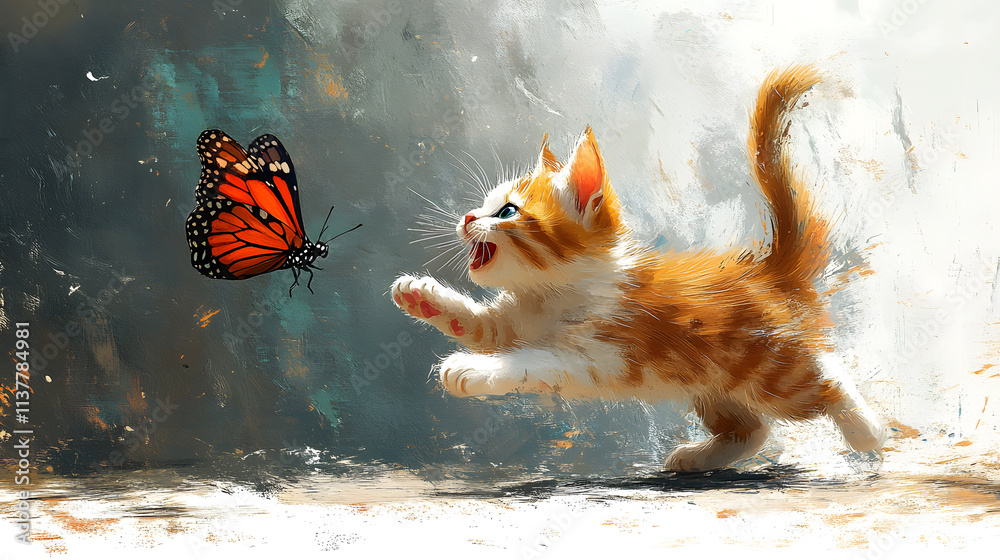A quirky, exaggerated cartoon-style illustration of a cat trying to catch a butterfly in midair. The action is depicted in a series of exaggerated poses, with vibrant colors and playful lines creating
