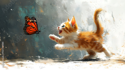 Obraz na płótnie A quirky, exaggerated cartoon-style illustration of a cat trying to catch a butterfly in midair. The action is depicted in a series of exaggerated poses, with vibrant colors and playful lines creating w salonie
