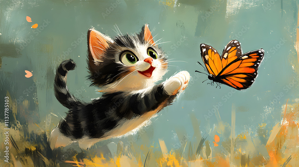 A quirky, exaggerated cartoon-style illustration of a cat trying to catch a butterfly in midair. The action is depicted in a series of exaggerated poses, with vibrant colors and playful lines creating