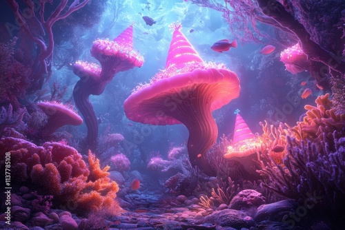 Whimsical underwater scene with glowing pink mushrooms and vibrant coral in a dreamy, fantasy-like ocean setting. photo