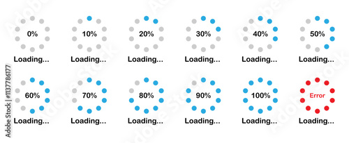 Loading progress bar icon in blue color.  Percentage loading bar infographic icon set from 0-100%. Set of percentage loading. Collection of Loading status. Loading indicator set. Download process.   