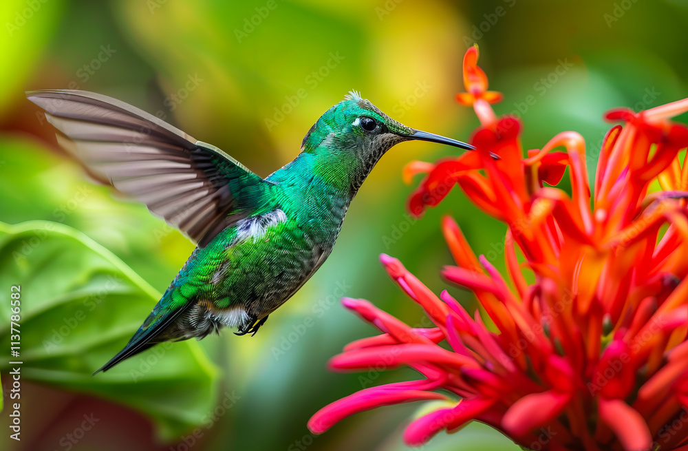 Obraz premium A vibrant hummingbird colibri near a flower in a tropical rainforest, capturing the beauty of nature and wildlife in action.