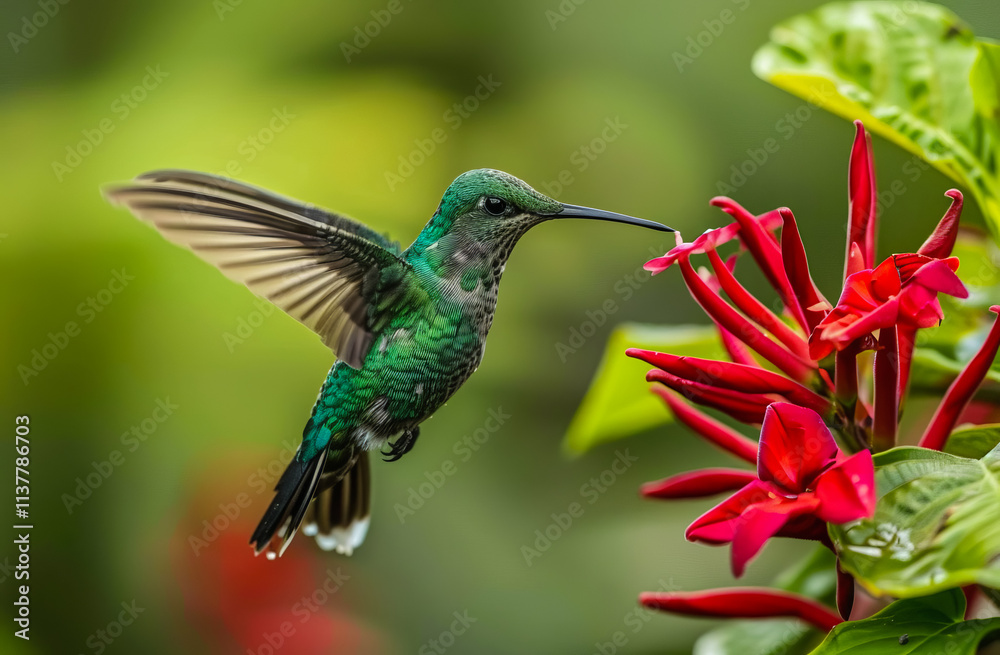 Obraz premium A vibrant hummingbird colibri near a flower in a tropical rainforest, capturing the beauty of nature and wildlife in action.