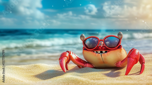 A vibrant red cartoon crab wearing stylish sunglasses, lounging on a sunny sandy beach with gentle waves in the background photo