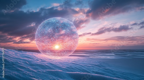 Mystical representation of impersonal idealism with a glowing orb of consciousness above a serene white sand landscape at twilight