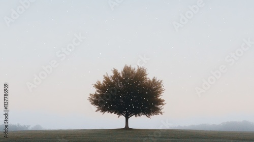 Radiant tree of life in serene meadow blending cosmic constellations with ethereal mist and vibrant colors in a mystical representation of agnostic theism