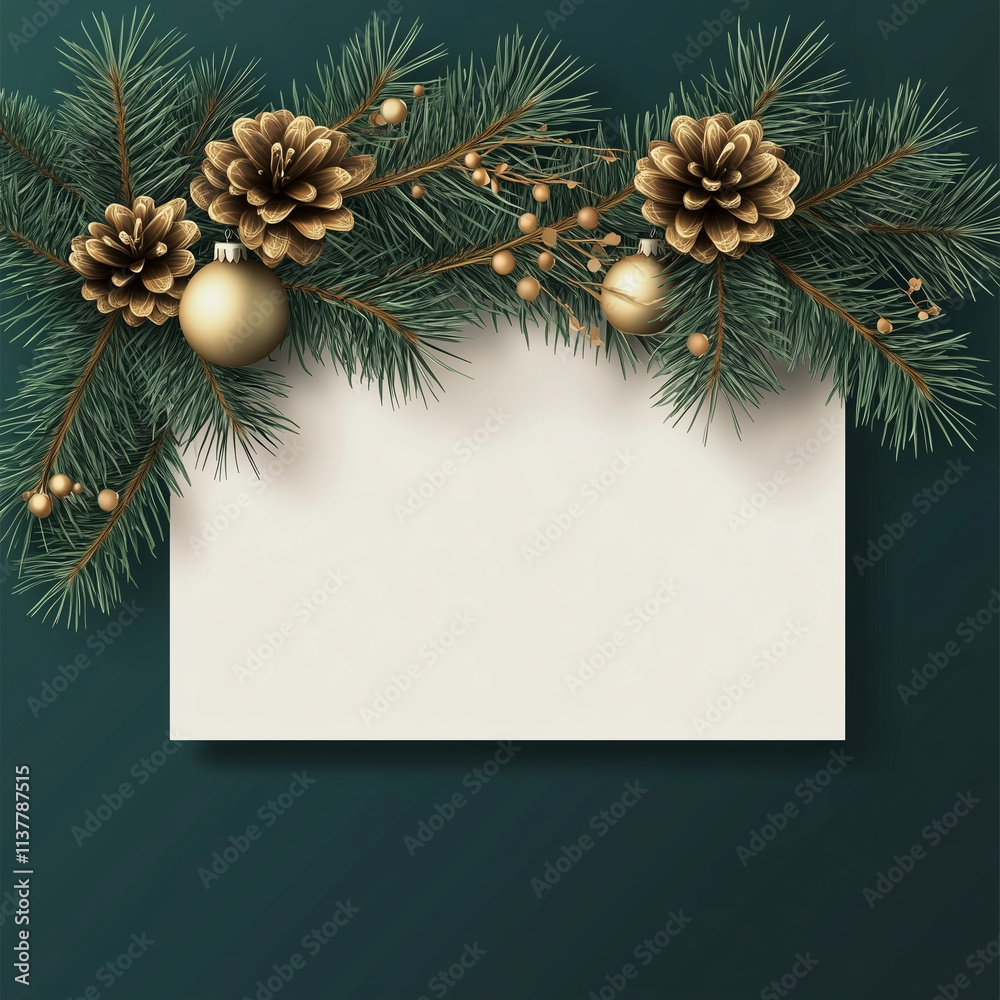 A chic holiday card layout with a beige rectangle centerpiece surrounded by luxurious pine branches, gold ornaments, and delicate holiday detailing on a dark background. A chic holiday card layout with a beige rectangle centerpiece surrounded by luxurious pine branches, gold ornaments, and delicate holiday detailing on a dark background.