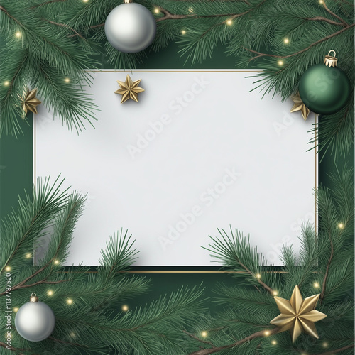 A festive rectangular frame with green pine branches intertwined with gold and green ornaments, ideal for Christmas themes and seasonal greetings.