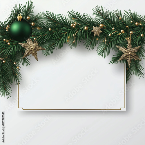A festive design with a white center card bordered by green pine and gold star ornaments, encapsulating the theme of celebration and holiday cheer with style.