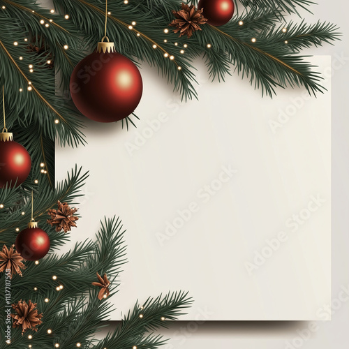 A classic Christmas design showcasing a white card adorned with green pine branches, red baubles, and ambient holiday lighting, capturing the festive spirit.
