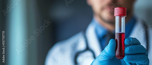 Doctor holding a bloodfilled test tube, with a backdrop of medical technology and innovation, showcasing advancements in health care, space for text photo