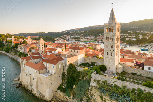 Obraz na płótnie HIstoric towers of a Rab town on Rab island at sunset, Croatia. w salonie