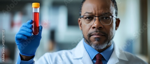 Doctor holding a bloodfilled test tube, with a backdrop of medical technology and innovation, showcasing advancements in health care, space for text photo