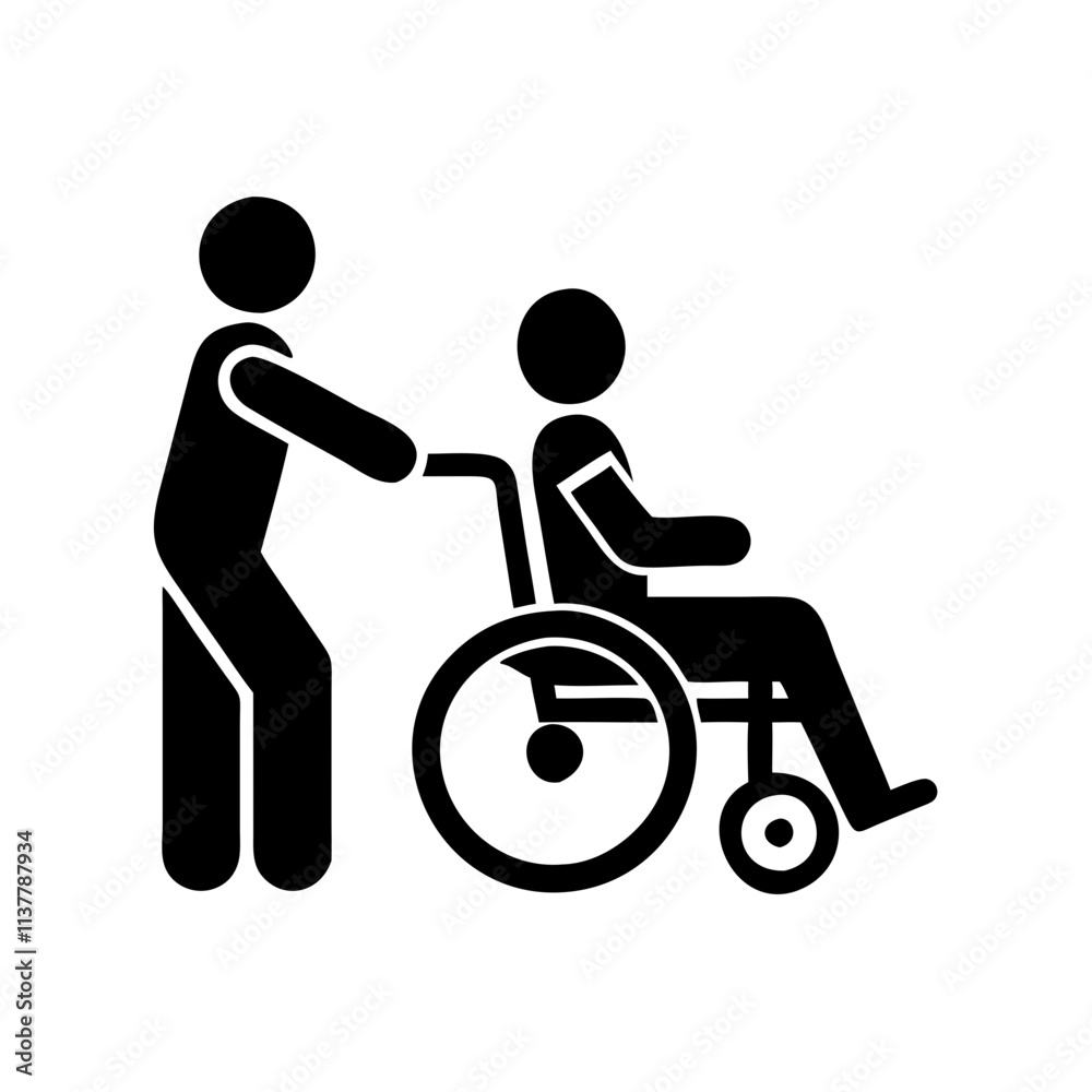 Fototapeta premium Wheelchair and Caregiver Vector Icon for Accessibility.