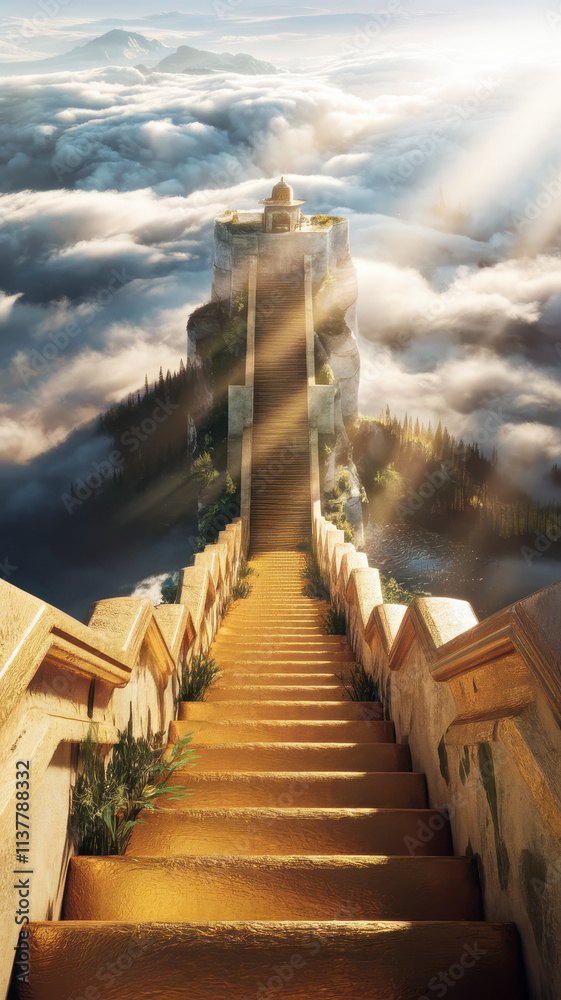 Fototapeta premium A breathtaking view of golden stairs ascending towards a temple, surrounded by fluffy clouds and gentle sunlight filtering through a serene sky.
