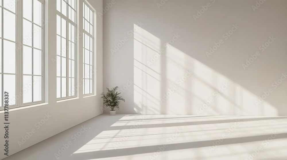 Fototapeta premium 3D rendering of an empty room with white walls and a window. Bright sunlight shines through the window, creating shadows on the floor.