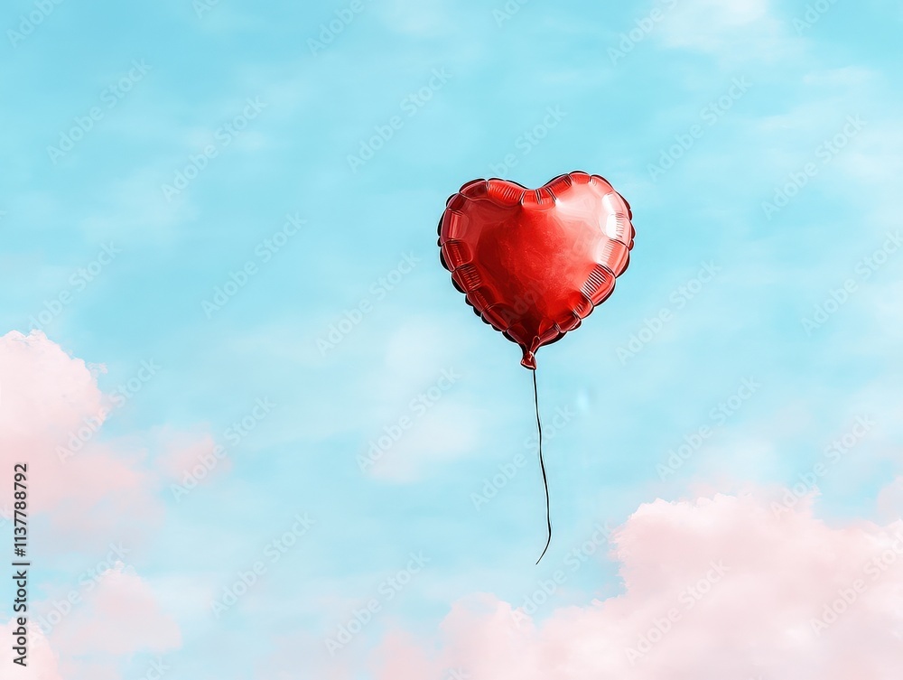 Fototapeta premium A whimsical illustration of a heart-shaped balloon floating upwards against a light pastel sky.