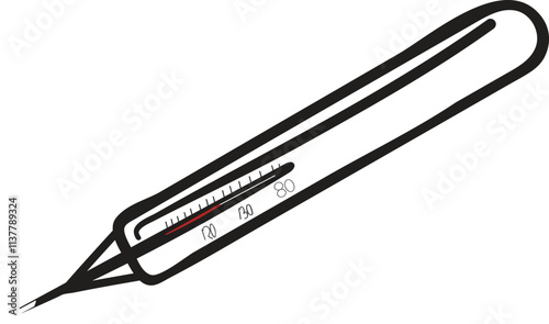 Medical thermometer for doctor, silhouette line art on white background