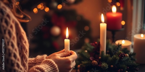 Woman lighting a candle on an advent wreath, female, flame