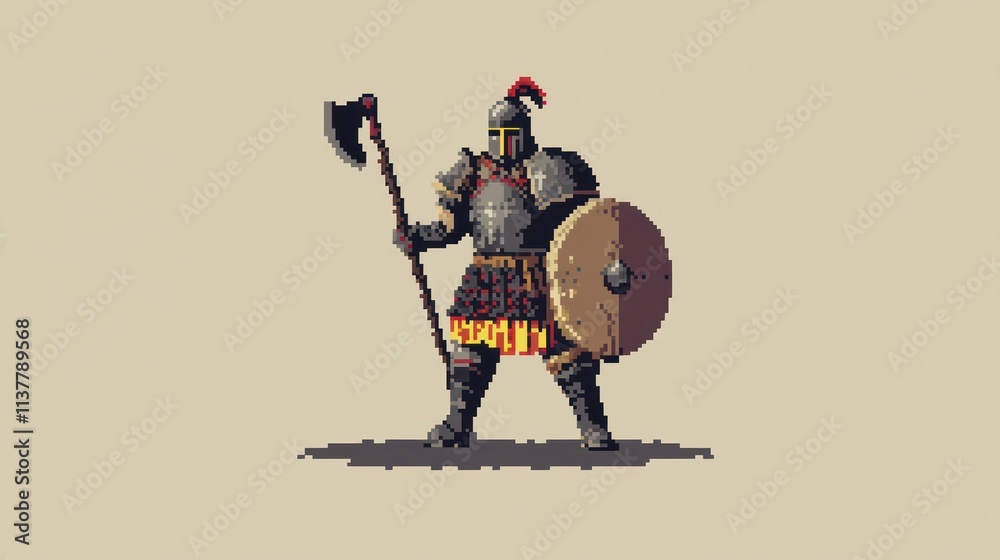 Naklejka premium Pixelated warrior, holding axe and shield.