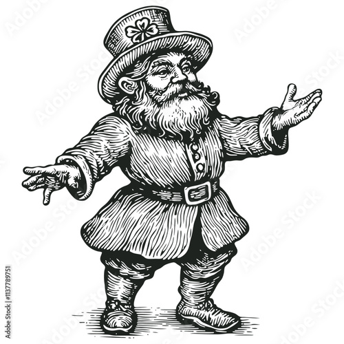 Irish leprechaun with outstretched arms, engraving style, vector illustration.