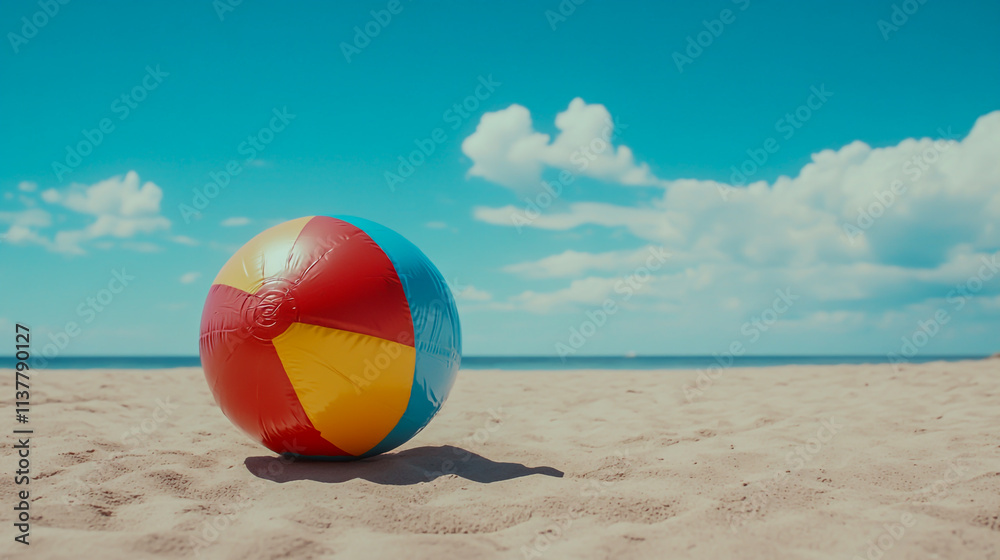 Obraz premium Colorful beach ball fully inflated, vibrant and ready for fun on a sunny beach
