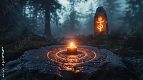 Monotheism Sacred altar glows softly in misty forest with ancient carvings portraying monotheistic symbols during a serene morning photo