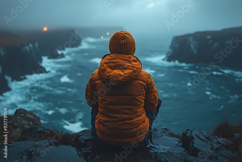 Man from Behind Watching the Cold Coastal Landscape photo